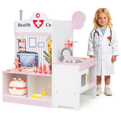 Wooden Toy Medical Center Playset with Faucet and ECG Monitor for Aged 3-6-Pink