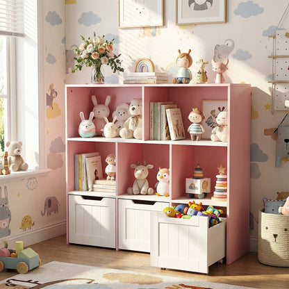 Wooden Toy Storage Organizer Kids Bookshelf with 5 Open Cubes and 3 Movable Drawers-Pink