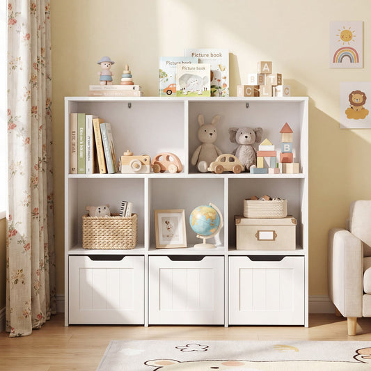 Wooden Toy Storage Organizer Kids Bookshelf with 5 Open Cubes and 3 Movable Drawers-White
