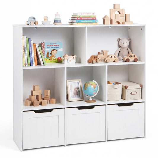Wooden Toy Storage Organizer Kids Bookshelf with 5 Open Cubes and 3 Movable Drawers-White