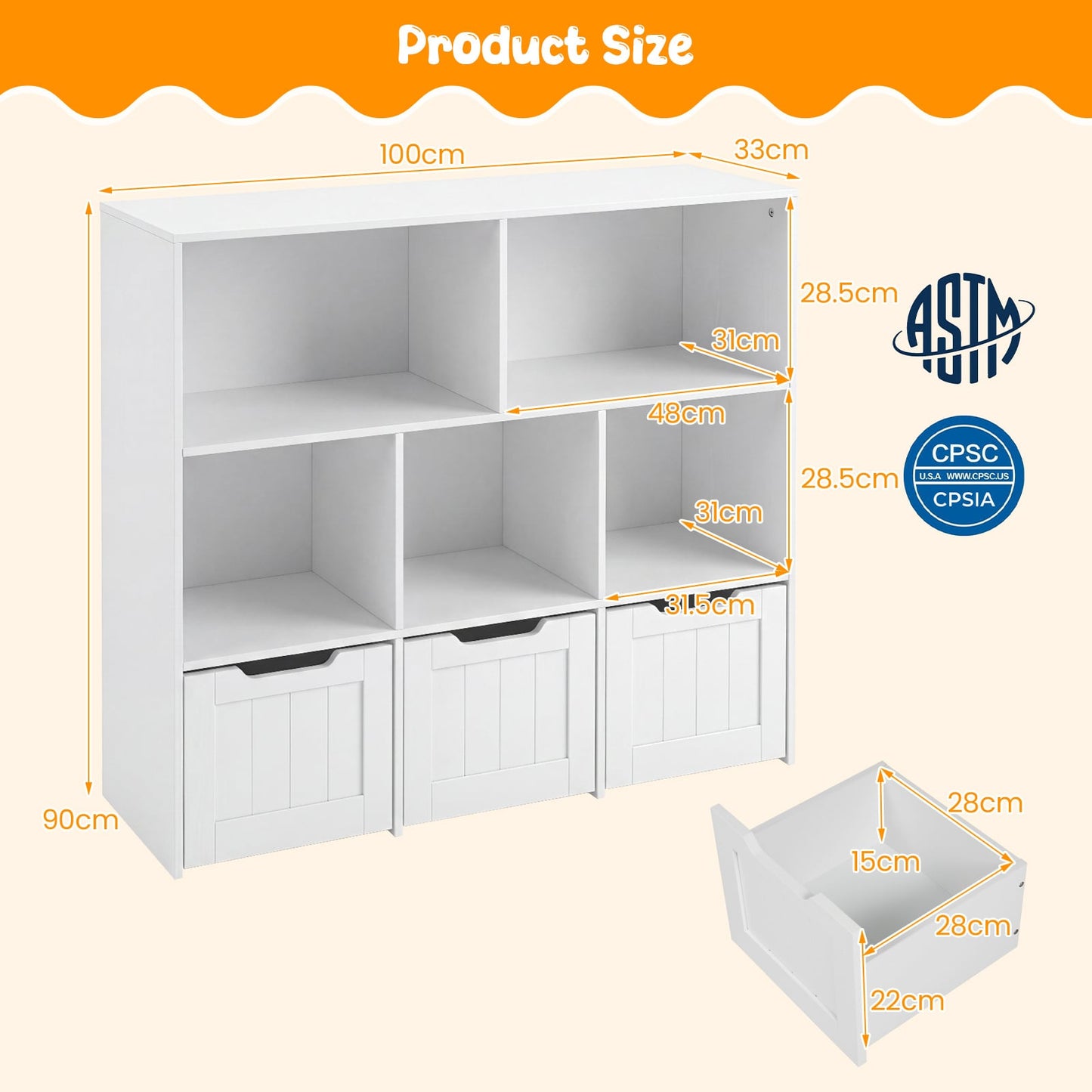 Wooden Toy Storage Organizer Kids Bookshelf with 5 Open Cubes and 3 Movable Drawers-White