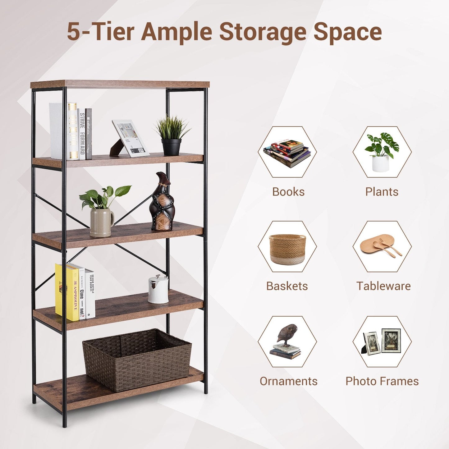 Freestanding Wooden 5-Tier Storage Bookshelf-Brown