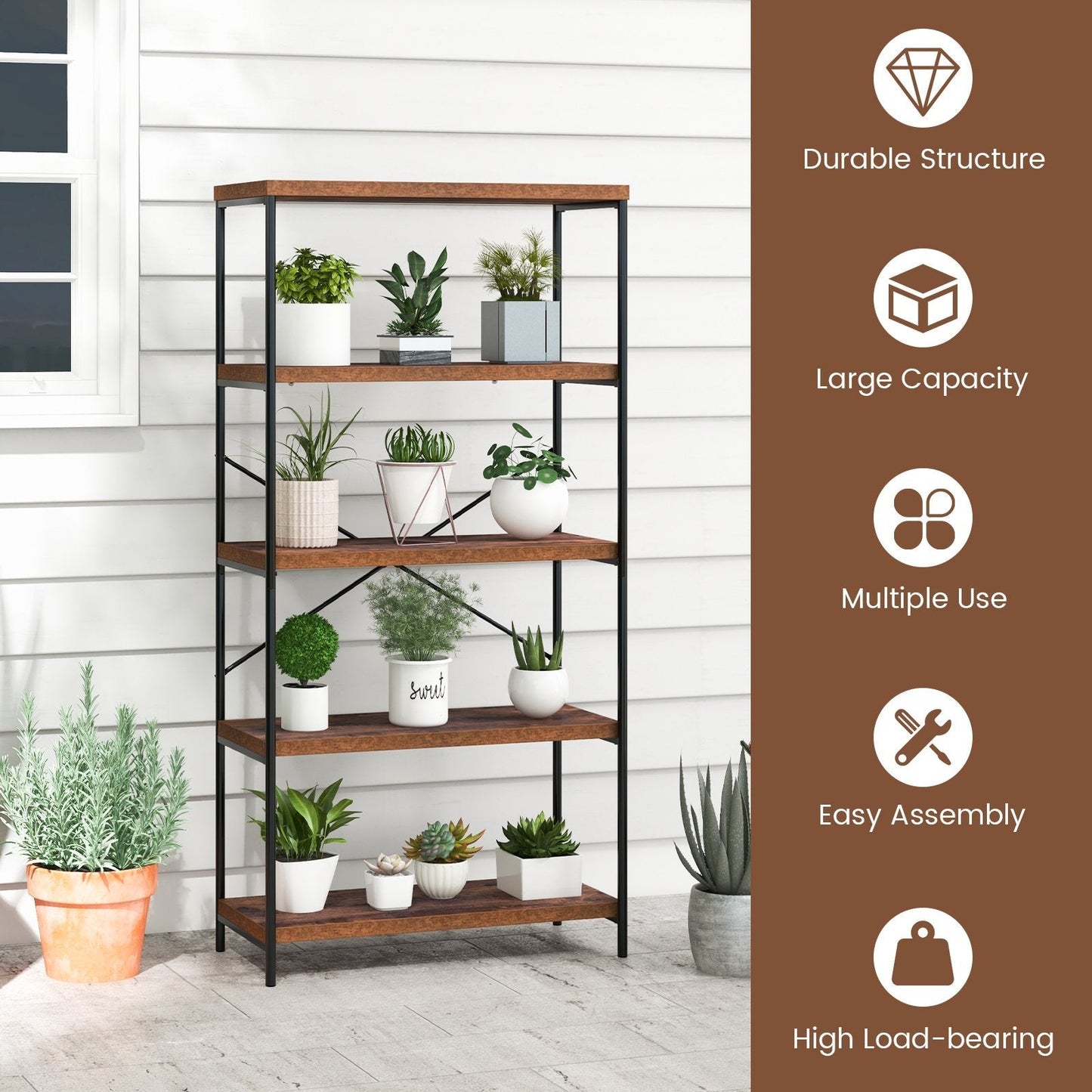 Freestanding Wooden 5-Tier Storage Bookshelf-Brown