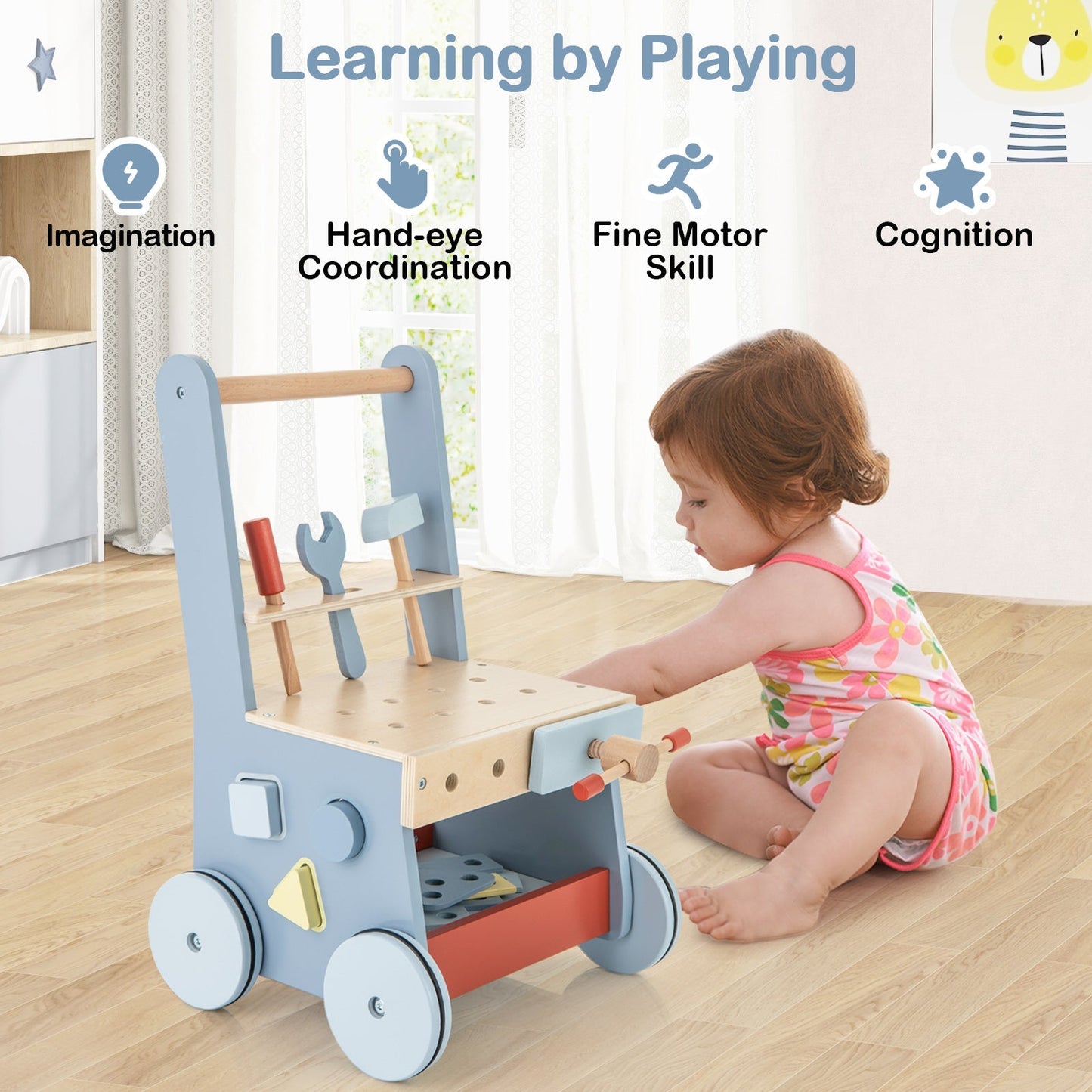 2-in-1 Wooden Baby Push Walker with Multi-Activity Center