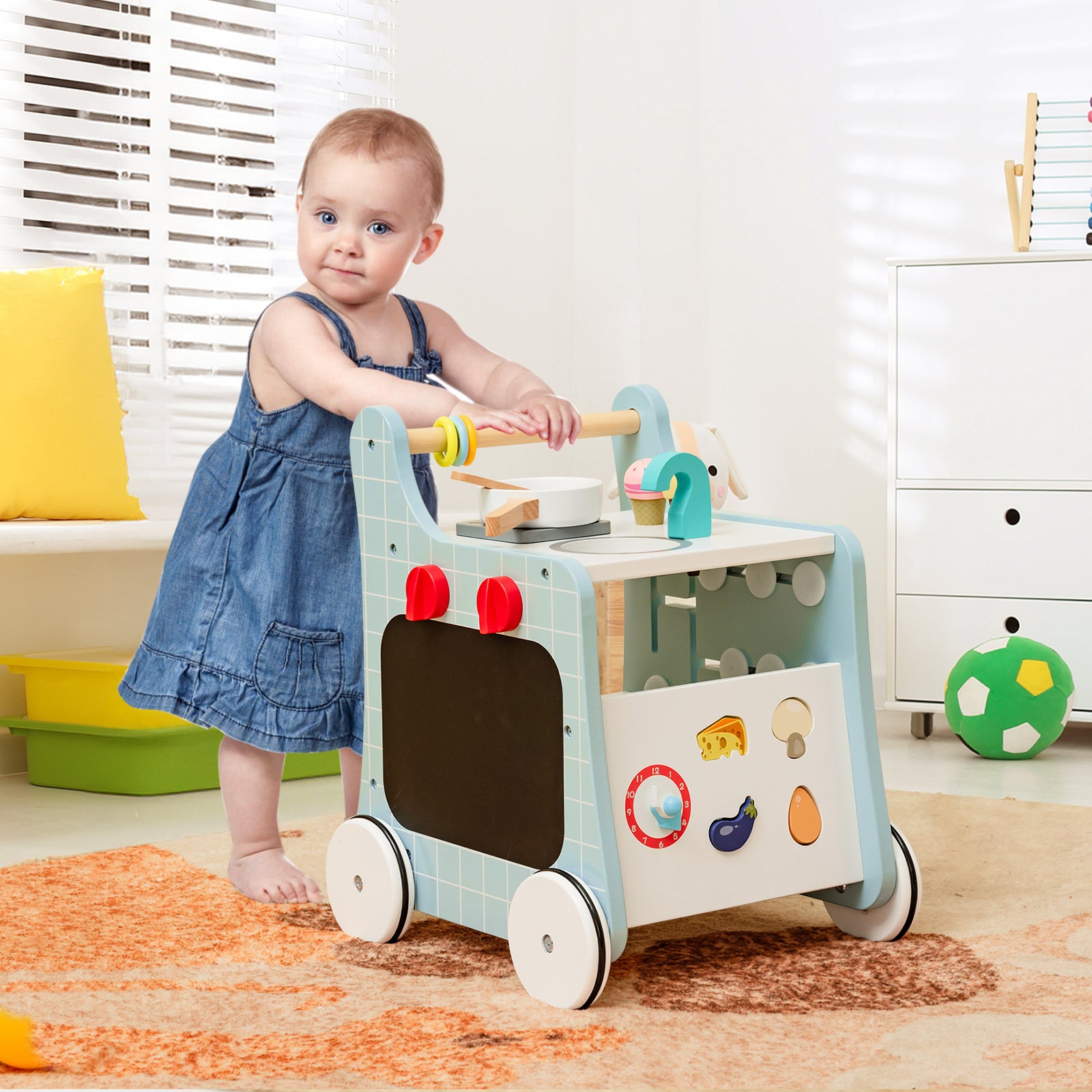 6-in-1 Wooden Baby Stroller Push and Pull Learning Activity Center-Blue