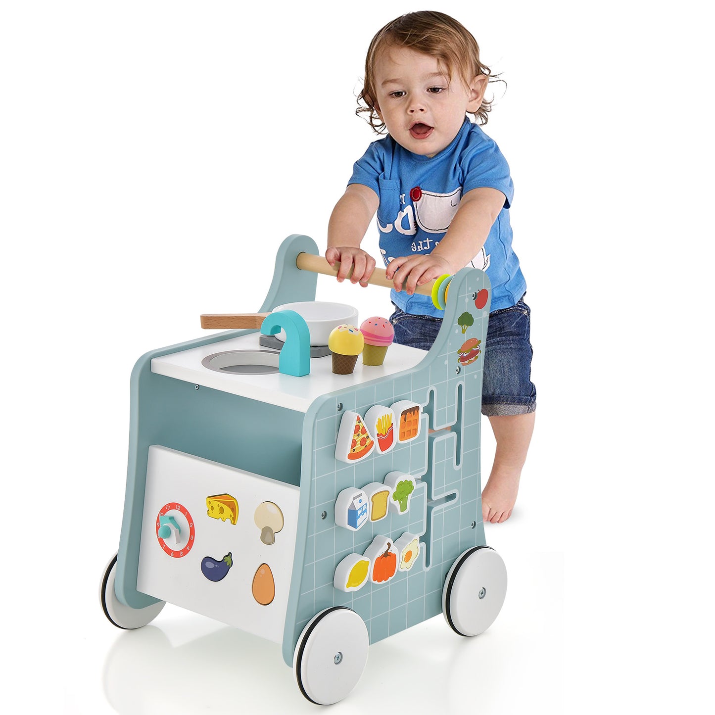 6-in-1 Wooden Baby Stroller Push and Pull Learning Activity Center-Blue
