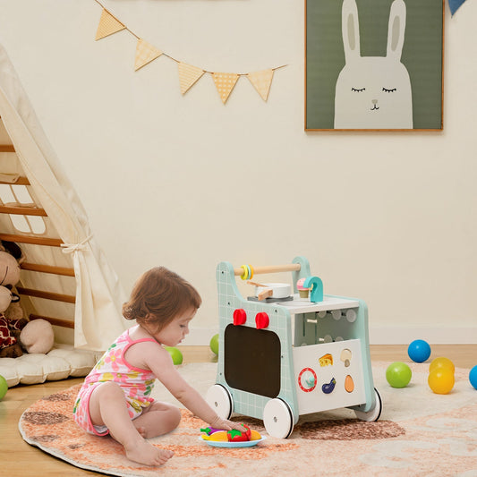 6-in-1 Wooden Baby Stroller Push and Pull Learning Activity Center-Blue