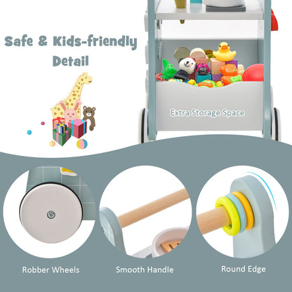 6-in-1 Wooden Baby Stroller Push and Pull Learning Activity Center-Blue