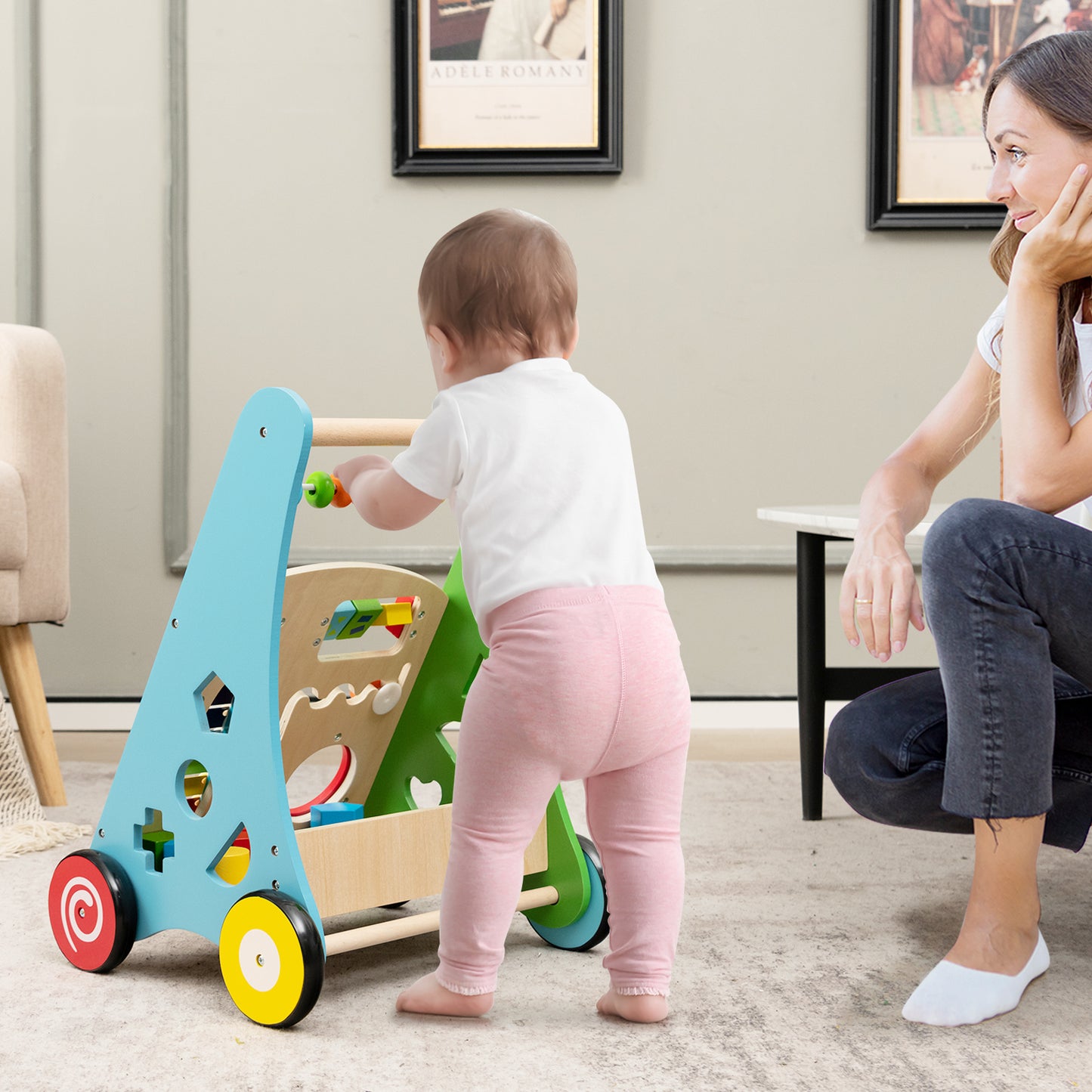 Sit-to-Stand Wooden Baby Walker with Multiple Built-in Toy Activities