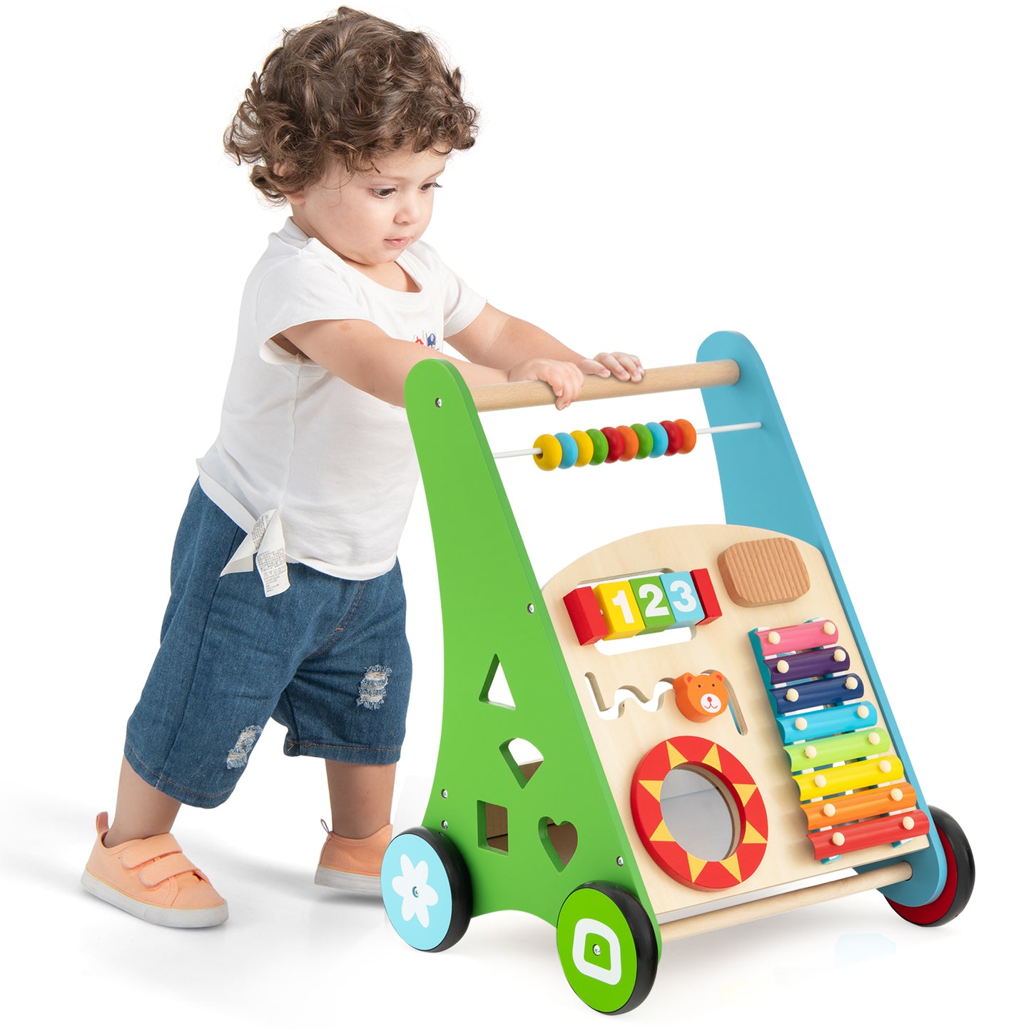 Sit-to-Stand Wooden Baby Walker with Multiple Built-in Toy Activities