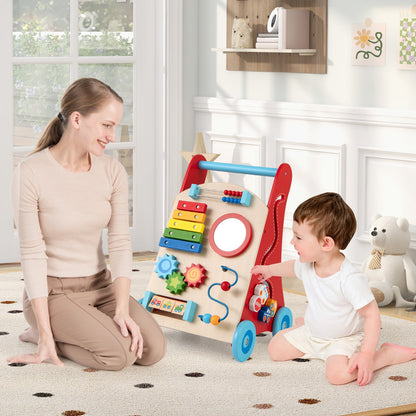 Wooden Baby Walker Learning Activity Walker with Mirror and Wheels-Red