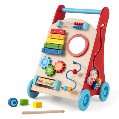 Wooden Baby Walker Learning Activity Walker with Mirror and Wheels-Red