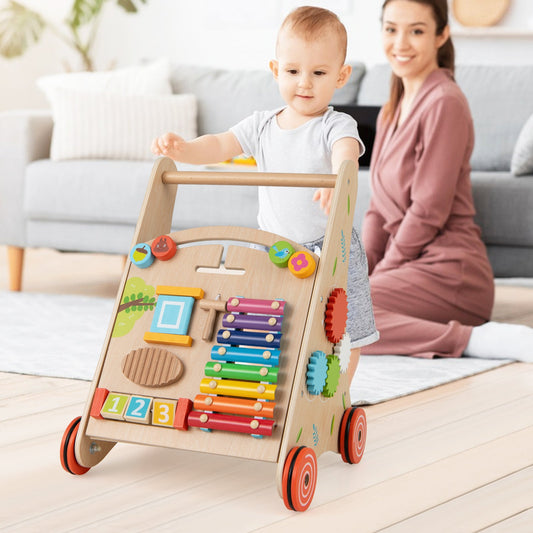 Wooden Baby Walker Push Walker with Learning Activity and Storage-Natural