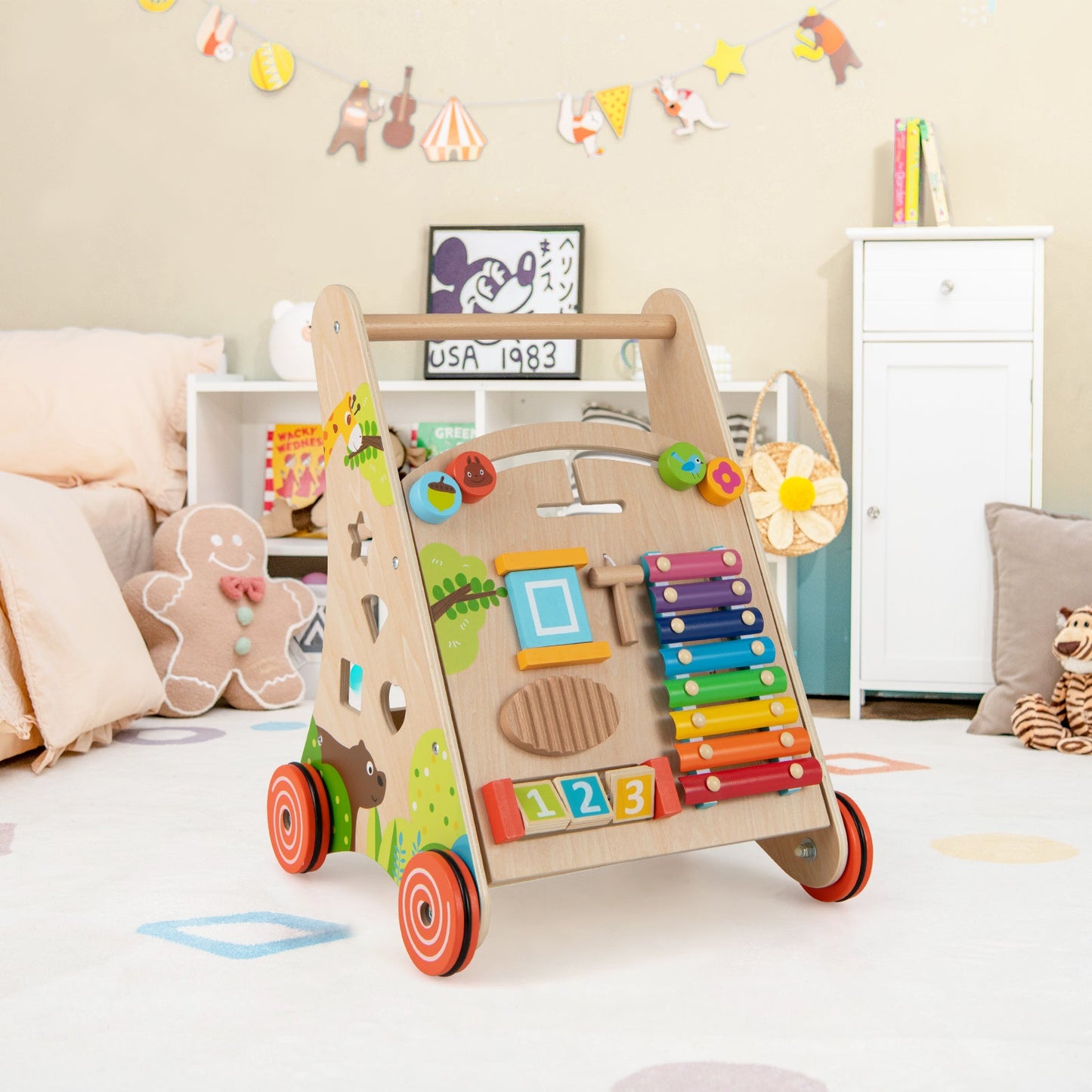 Wooden Baby Walker Push Walker with Learning Activity and Storage-Natural