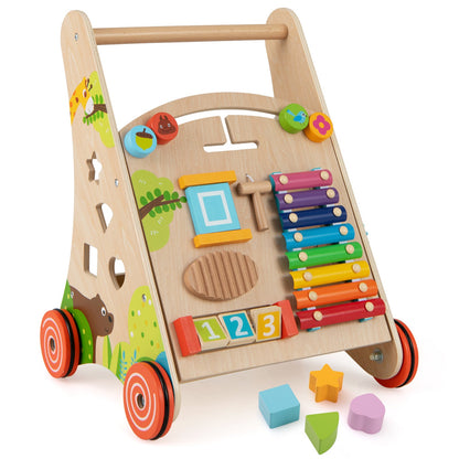 Wooden Baby Walker Push Walker with Learning Activity and Storage-Natural