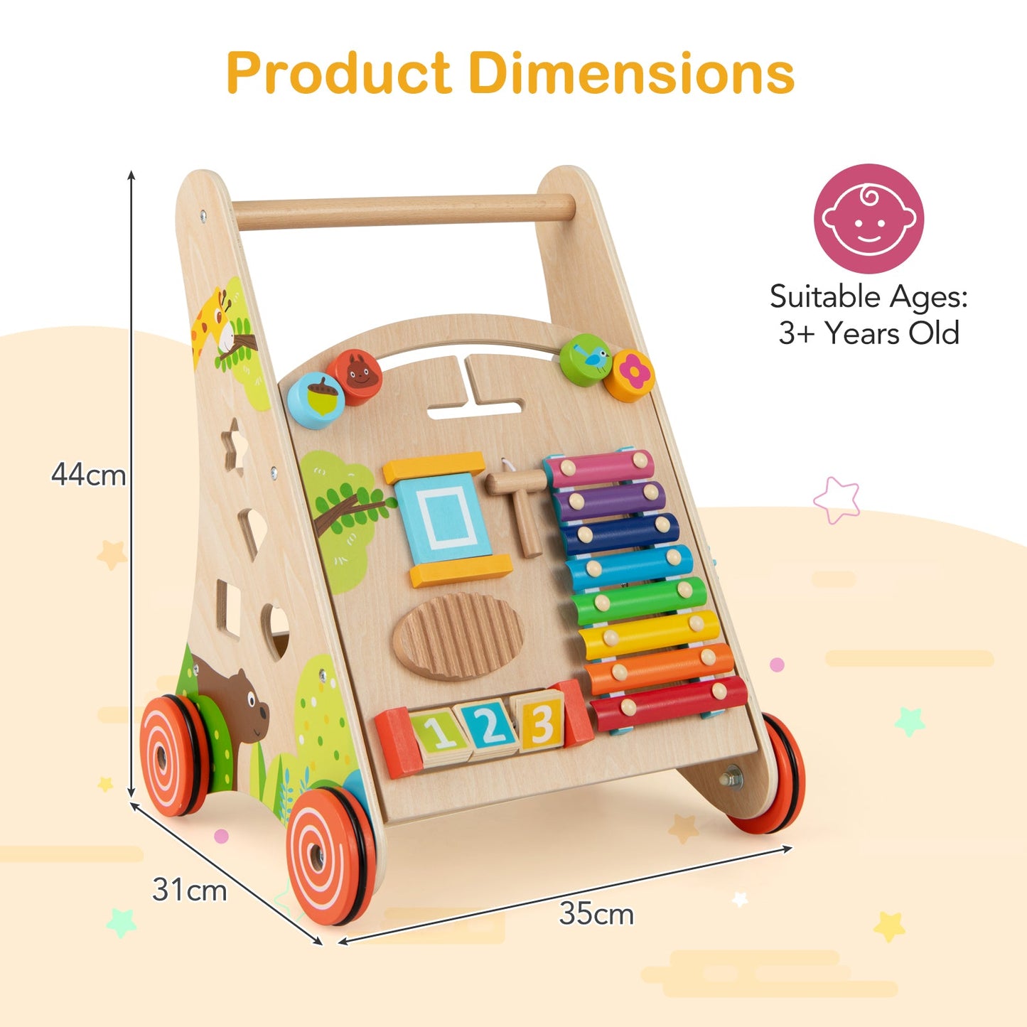Wooden Baby Walker Push Walker with Learning Activity and Storage-Natural
