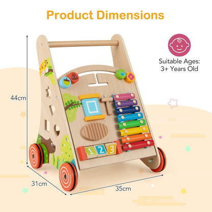 Wooden Baby Walker Push Walker with Learning Activity and Storage-Natural