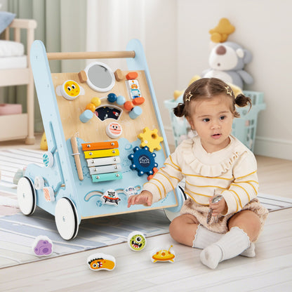 Wooden Baby Walker with Wheels for Boys and Girls 1+ Years Old-Blue