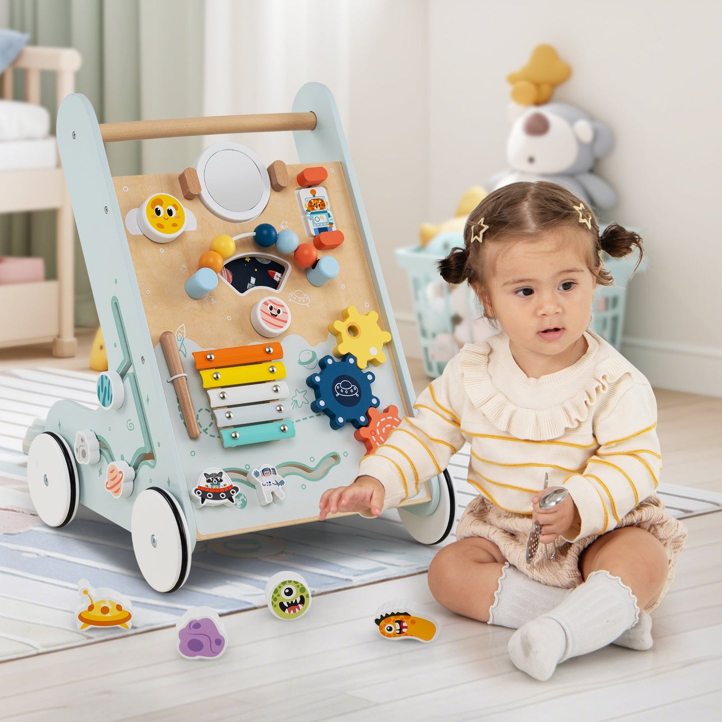 Wooden Baby Walker with Wheels for Boys and Girls 1+ Years Old-Green