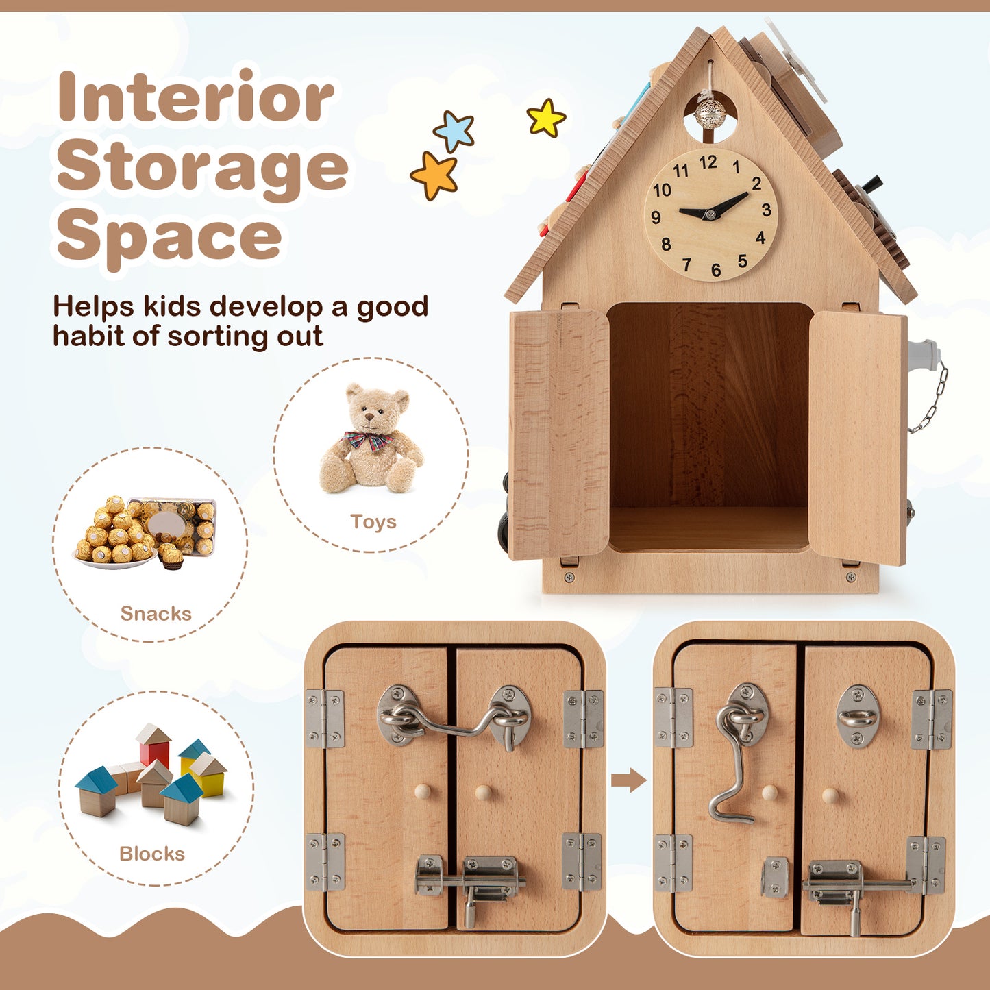 Wooden Busy House Toddler Learning Toy with Interior Space