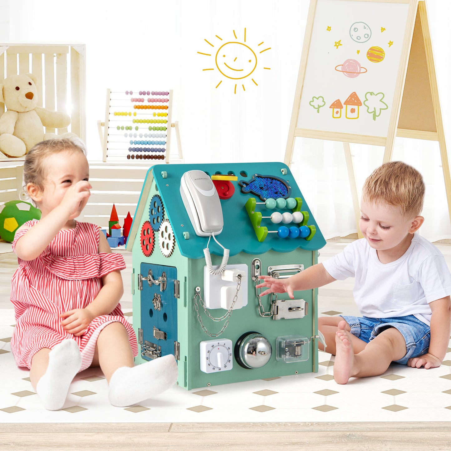Wooden Busy House Toddler Learning Toy with Music Box-Blue