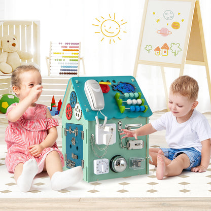 Wooden Busy House Toddler Learning Toy with Music Box-Blue