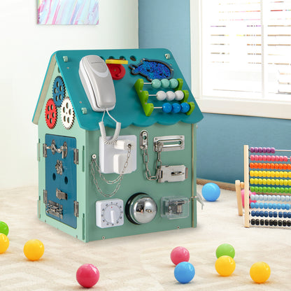 Wooden Busy House Toddler Learning Toy with Music Box-Blue