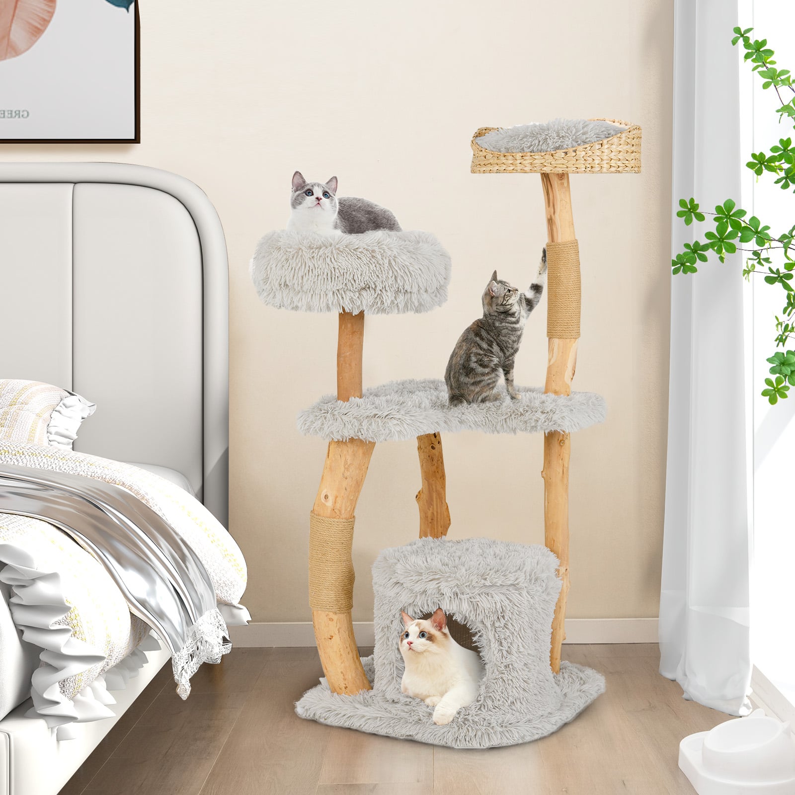 124 CM Tall Wooden Cat Tree with Jute Scratching Posts-Grey