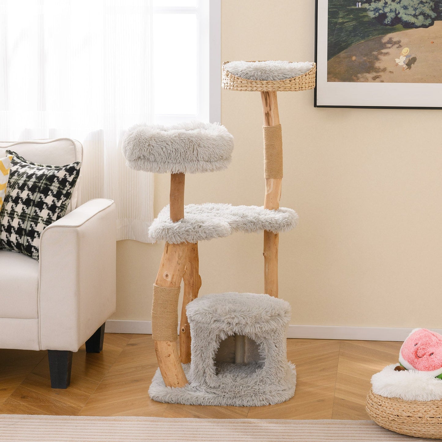 124 CM Tall Wooden Cat Tree with Jute Scratching Posts-Grey