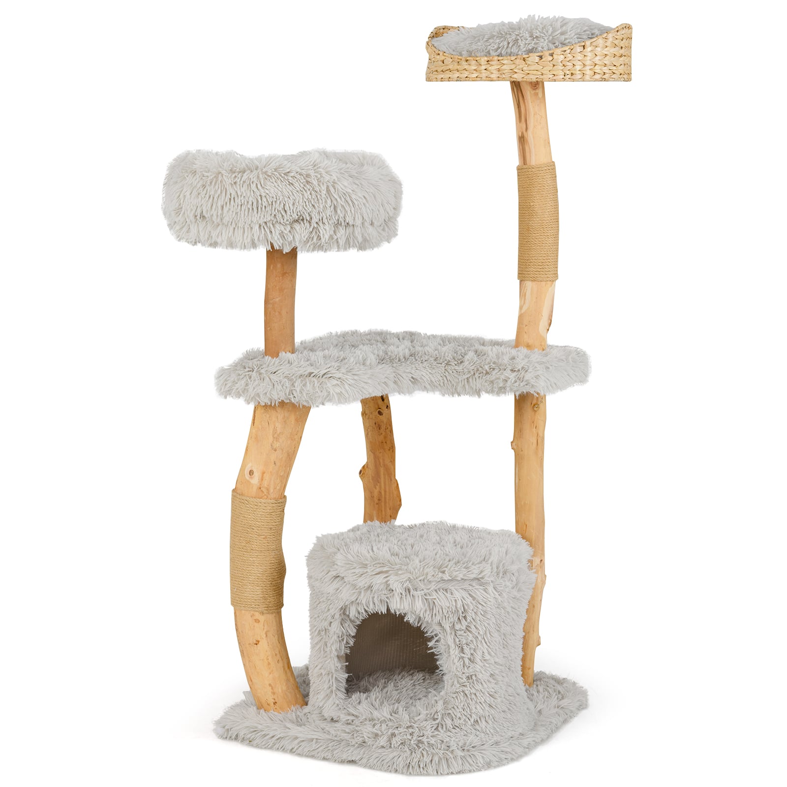 124 CM Tall Wooden Cat Tree with Jute Scratching Posts-Grey