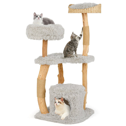 124 CM Tall Wooden Cat Tree with Jute Scratching Posts-Grey