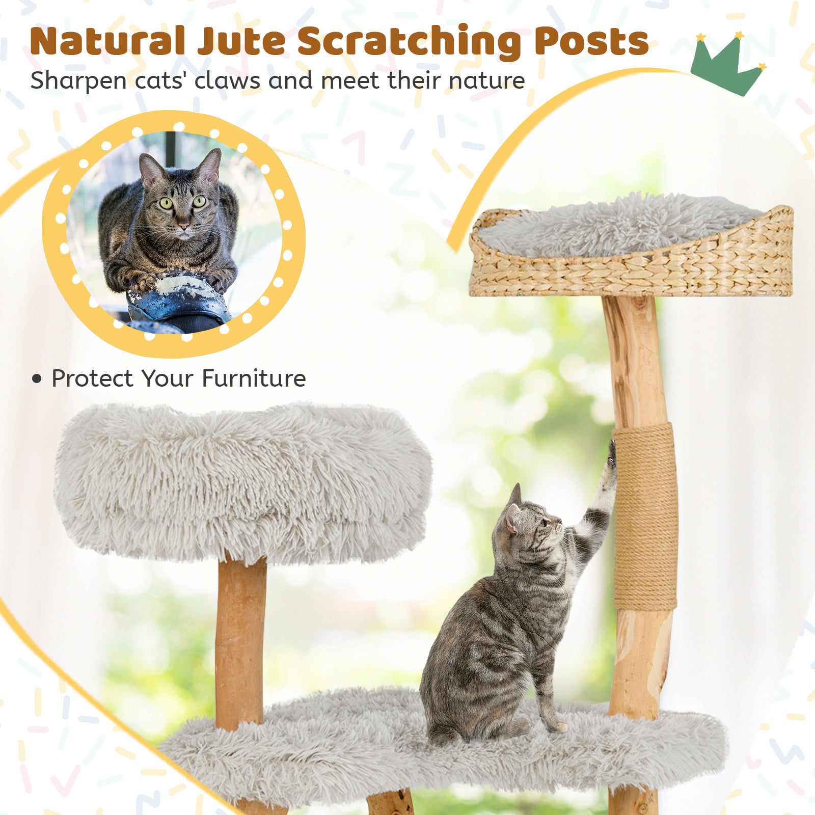 124 CM Tall Wooden Cat Tree with Jute Scratching Posts-Grey