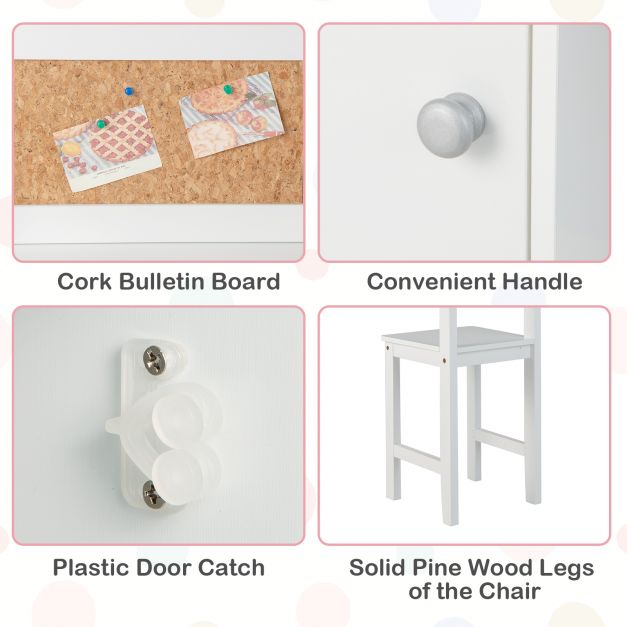 Wooden Children Study Table and Chair Set with Storage Cabinet and Bulletin Board-White