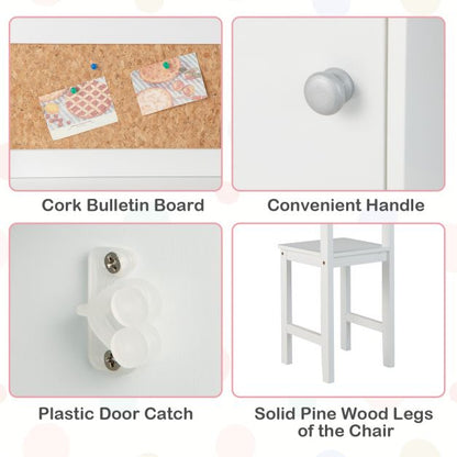 Wooden Children Study Table and Chair Set with Storage Cabinet and Bulletin Board-White