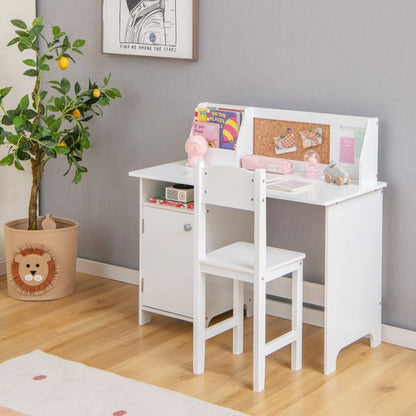 Wooden Children Study Table and Chair Set with Storage Cabinet and Bulletin Board-White