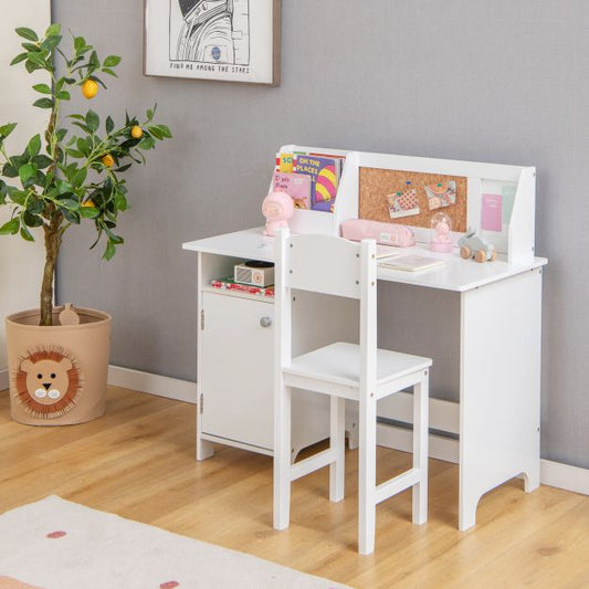 Wooden Children Study Table and Chair Set with Storage Cabinet and Bulletin Board-White