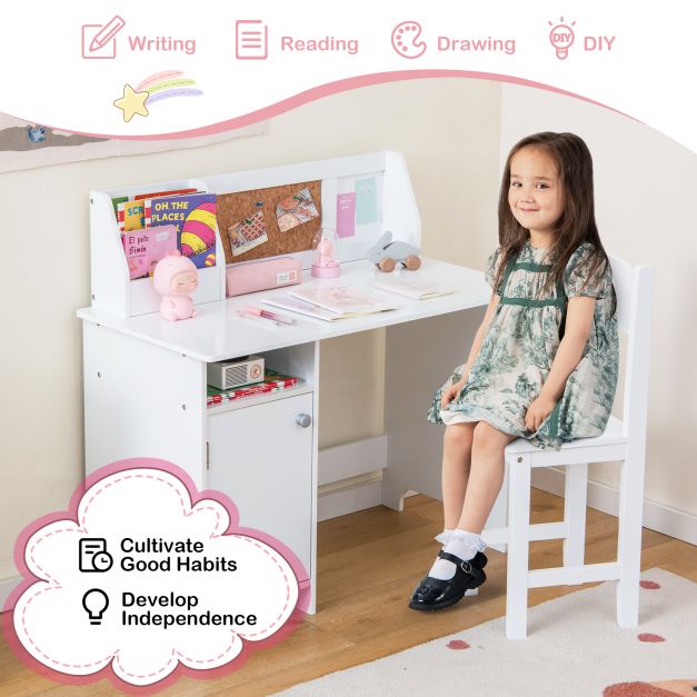Wooden Children Study Table and Chair Set with Storage Cabinet and Bulletin Board-White