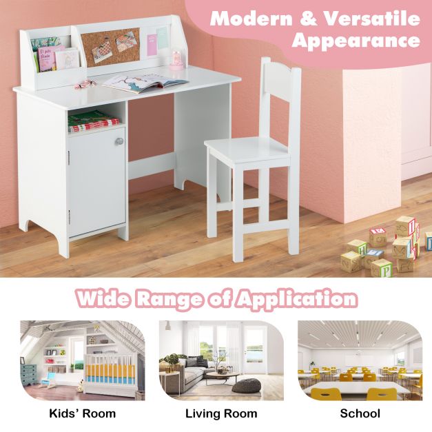 Wooden Children Study Table and Chair Set with Storage Cabinet and Bulletin Board-White