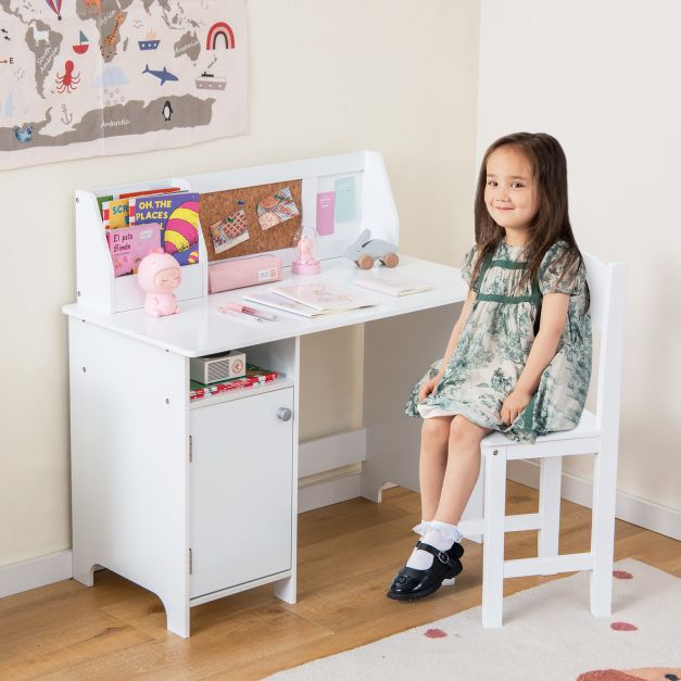 Wooden Children Study Table and Chair Set with Storage Cabinet and Bulletin Board-White