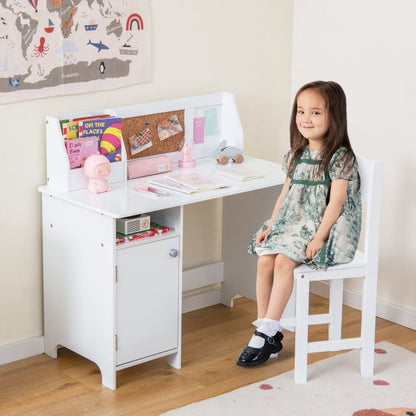 Wooden Children Study Table and Chair Set with Storage Cabinet and Bulletin Board-White