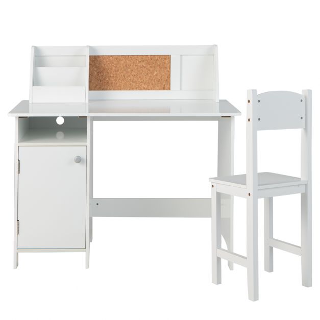 Wooden Children Study Table and Chair Set with Storage Cabinet and Bulletin Board-White