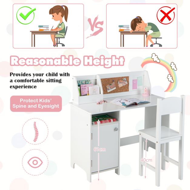 Wooden Children Study Table and Chair Set with Storage Cabinet and Bulletin Board-White