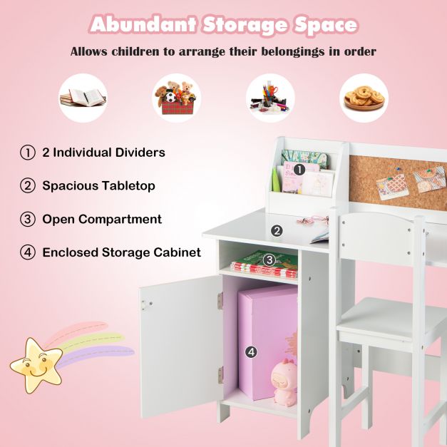 Wooden Children Study Table and Chair Set with Storage Cabinet and Bulletin Board-White