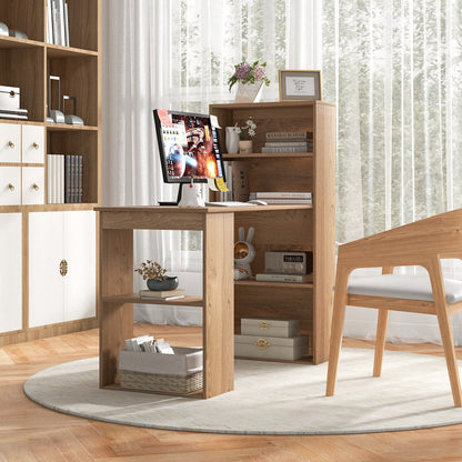 Modern 3-in-1 Wooden Computer Desk with 6-Tier Storage Bookshelves-Natural