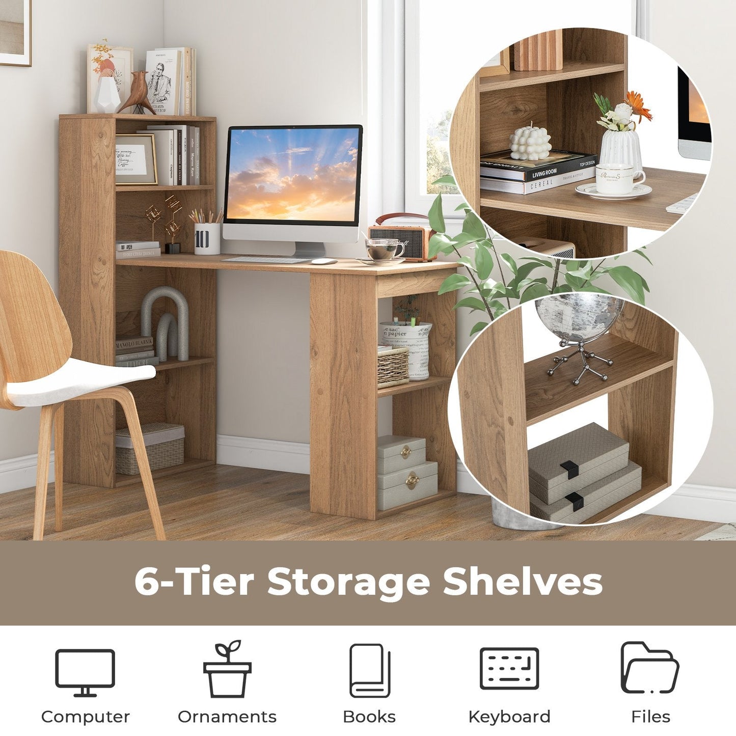 Modern 3-in-1 Wooden Computer Desk with 6-Tier Storage Bookshelves-Natural