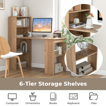 Modern 3-in-1 Wooden Computer Desk with 6-Tier Storage Bookshelves-Natural
