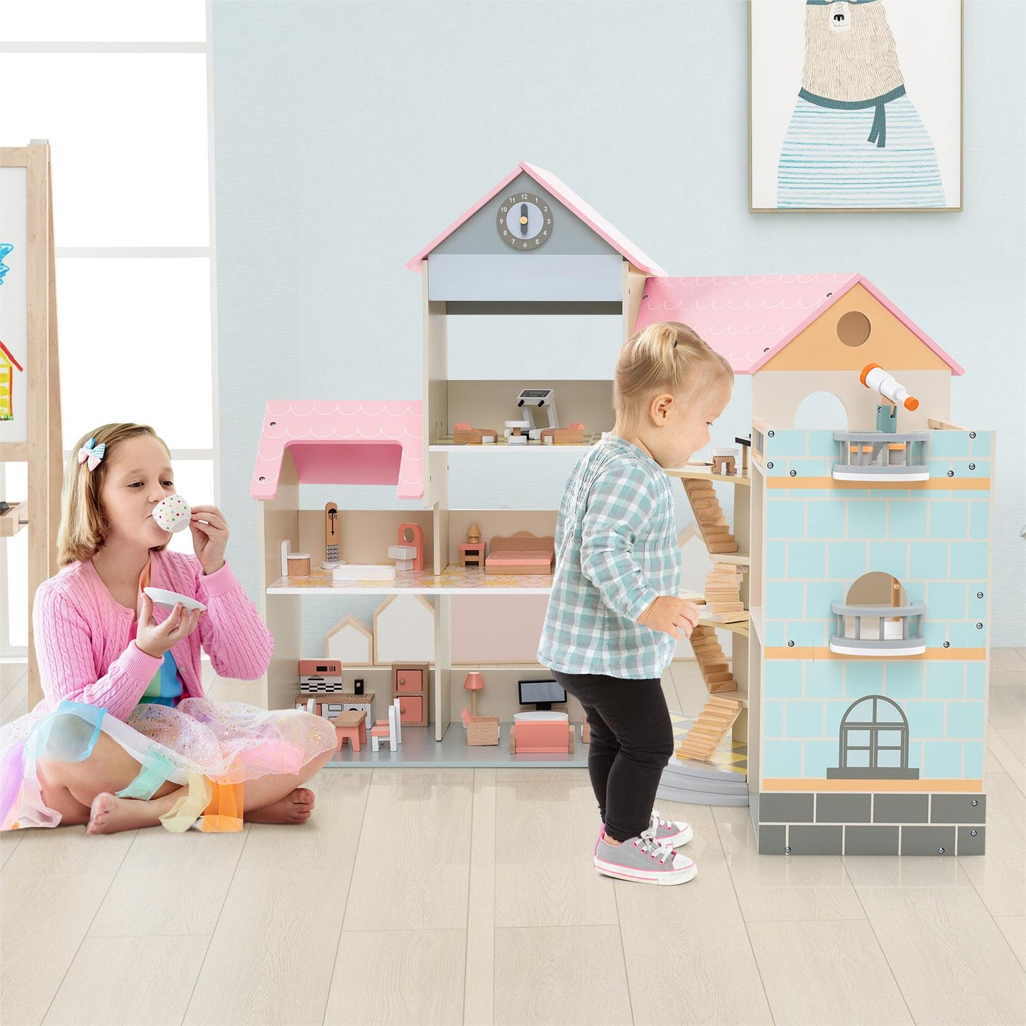 Wooden Corner Dollhouse Playset Pink Roof Doll House-Pink