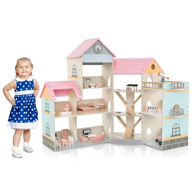 Wooden Corner Dollhouse Playset Pink Roof Doll House-Pink