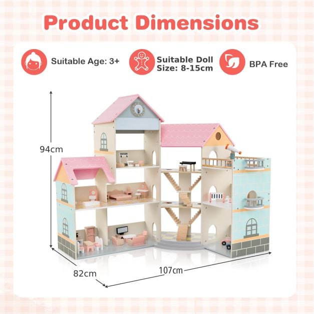 Wooden Corner Dollhouse Playset Pink Roof Doll House-Pink