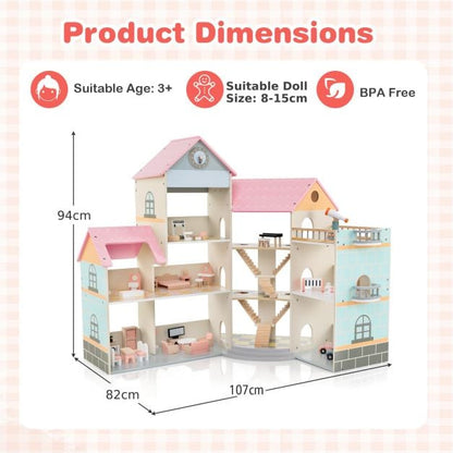 Wooden Corner Dollhouse Playset Pink Roof Doll House-Pink